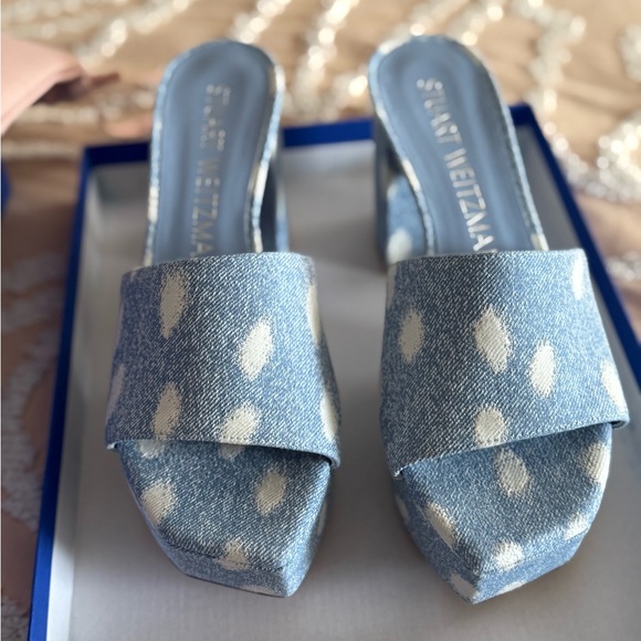 Stuart Weitzman Blue Patterned Denim Slide Mules - Picture 2 of 7
